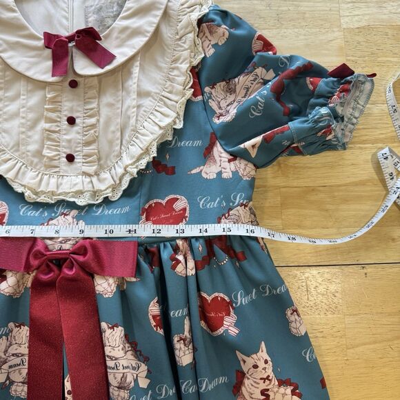 Lolita Dress Med Sweet Kawaii Cats Kittens Hearts Teal Goth Tea Party Baby Doll - Picture 13 of 15